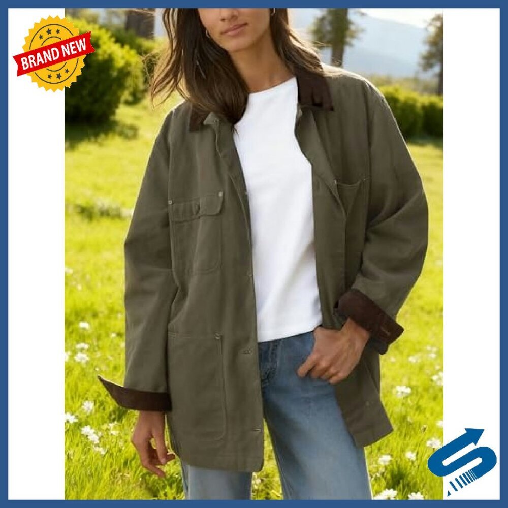 Oversized Cotton Utility Jacket with Corduroy Collar & Pockets - Picture 5 of 8